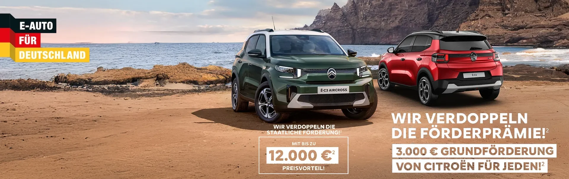 Ein Bild mit mehreren Citroen Autos und Hinweistexten zur E-Auto-Förderung.