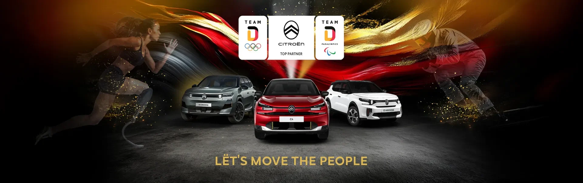 Drei Citroen Modelle stehen nebeneinander und darüber befinden sich Hinweise auf Partner von Team D und Text "Offizieller Top Partner Team Deutschland"